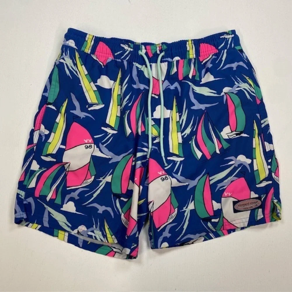 Vineyard Vines Mens Sailboat Chappy Swim Trunks Blue Pink 1M001328 XS
